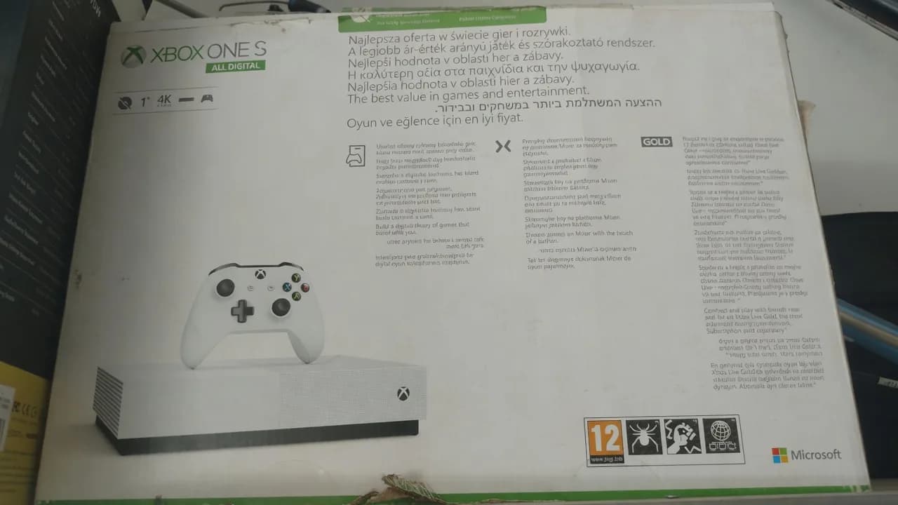 Xbox One S All Digital retail box, creased, shop sticker removed
